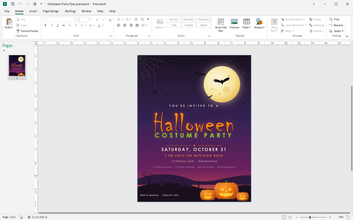 Presswork with a Halloween party flyer open: the Home ribbon across the top, the Pages pane on the left and the flyer in the middle.