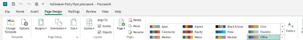 The Page Design ribbon tab with Template, Page Setup, Layout, Pages, Schemes and Page Background groups.