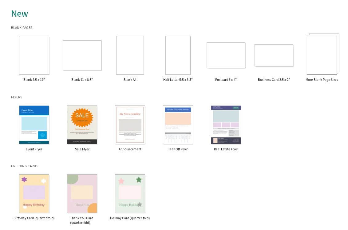 The New page listing blank page sizes, flyer templates and greeting card templates.